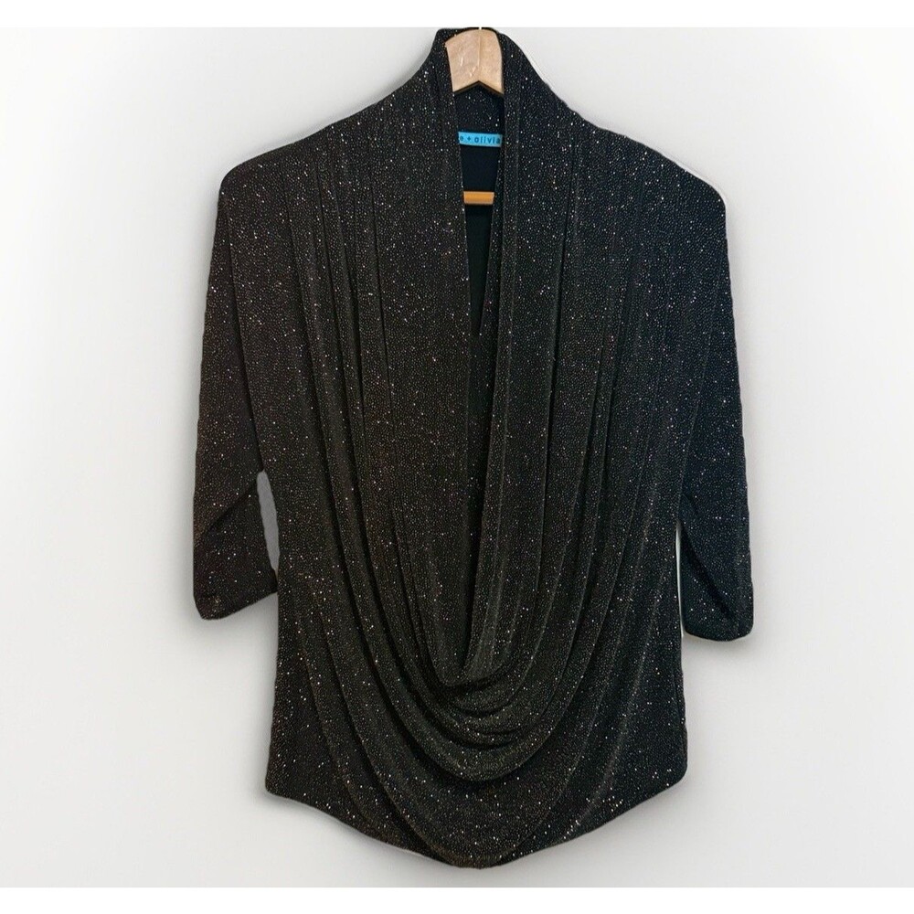 Alice + Olivia Black Gold Shimmer Cowl Neck Drape Top XS Metallic Sparkle Blouse